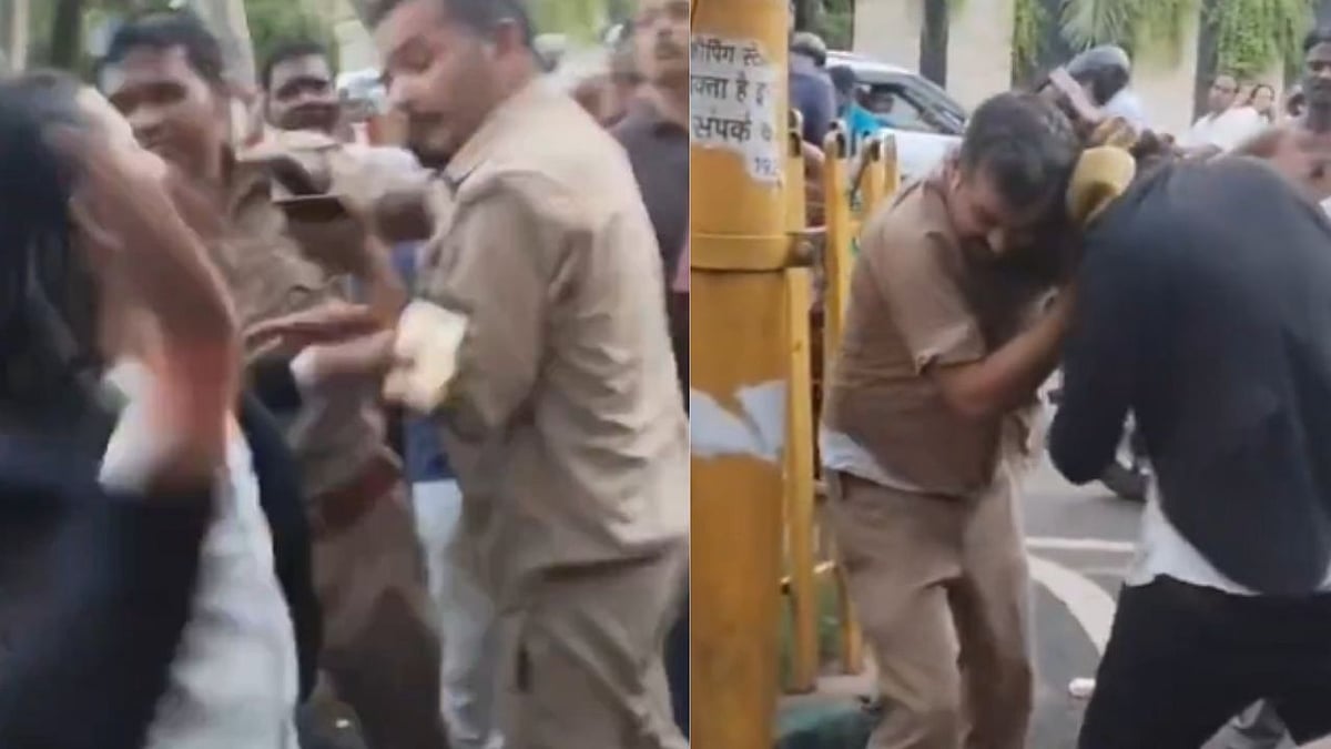 WATCH: Constable Allegedly Drunk, Lawyer Exchange Punches & Kicks In Brazen Roadside Brawl Near Kanpur Court; Cop Suspended After Video Goes Viral