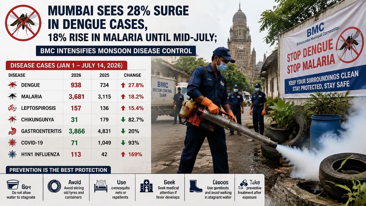 Mumbai Sees 28 Per Cent Surge In Dengue Cases, 18 Pc Rise In Malaria Until Mid-July; BMC Intensifies Monsoon Disease Control