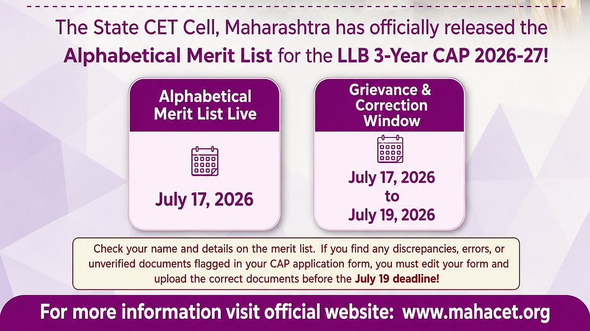 MHT CET 3-Year LLB CAP 2026: Merit List Released; Grievance Window Open Till July 19