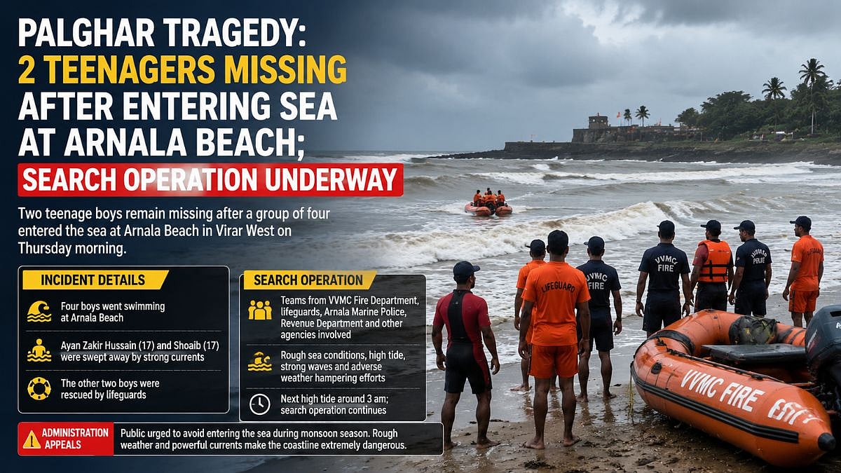 Palghar Tragedy: 2 Teenagers Missing After Entering Sea At Arnala Beach In Virar; Search Operation Underway
