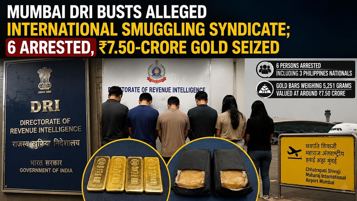 Mumbai DRI Busts Alleged International Smuggling Syndicate; 6 Arrested, ₹7.50-Crore Gold Seized