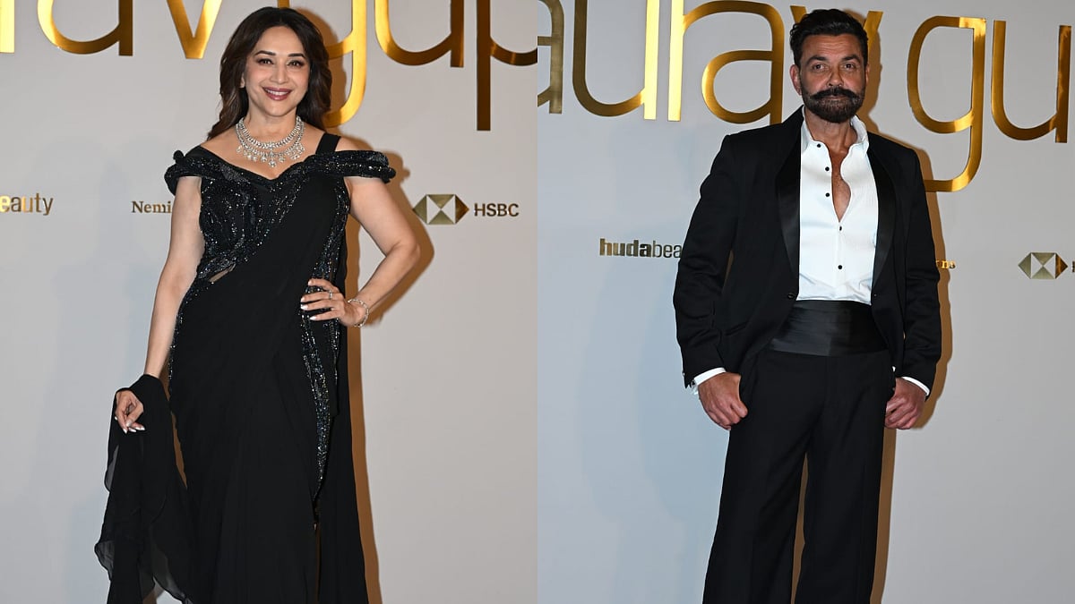Madhuri Dixit Drapes Saree-Style Gown, While Bobby Deol Brings His Suave Charm At Gaurav Gupta's Star-Studded Mumbai Fashion Show