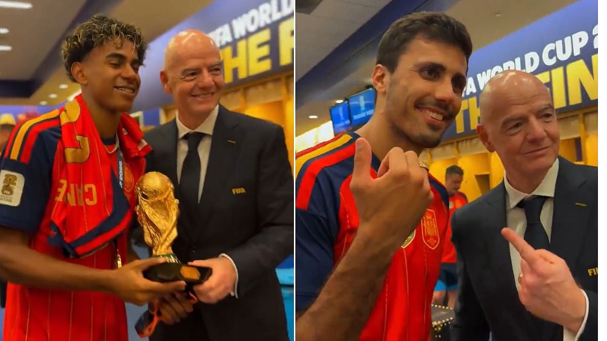 FIFA President Infantino Visits Spain Dressing Room, Presents Championship Rings And Mini World Cup Trophies | VIDEO