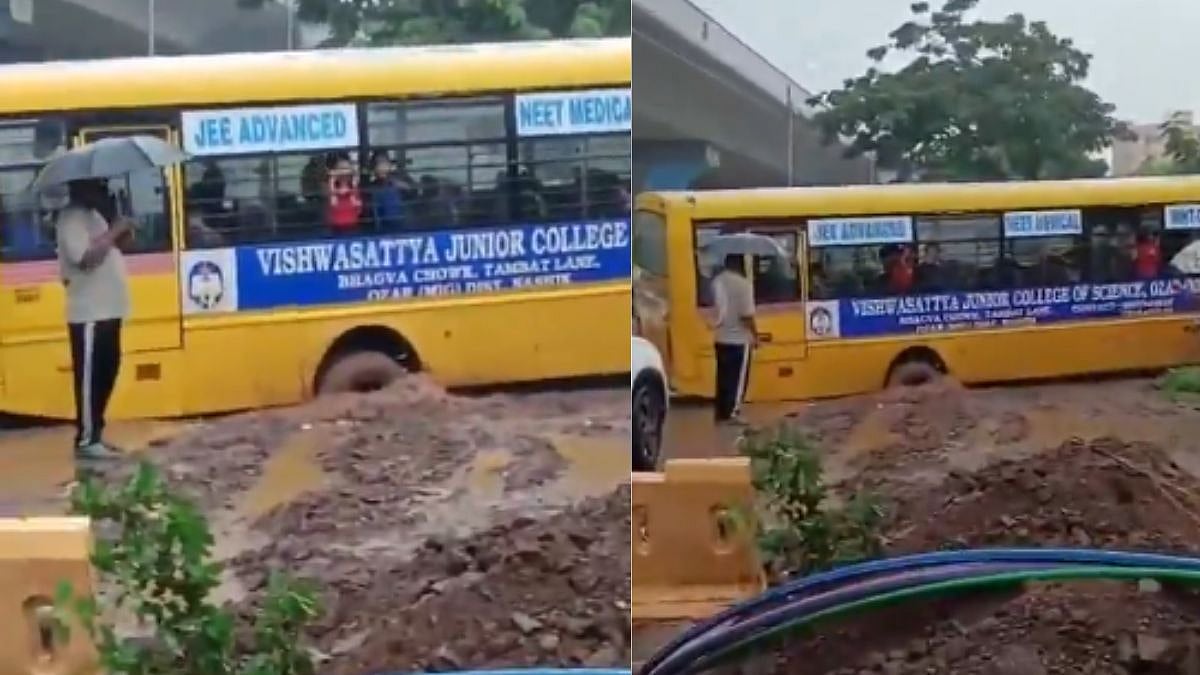 Maharashtra: School Bus Carrying Nearly 40 Students Gets Stuck In Pothole Amid Heavy Rainfall In Nashik - VIDEO