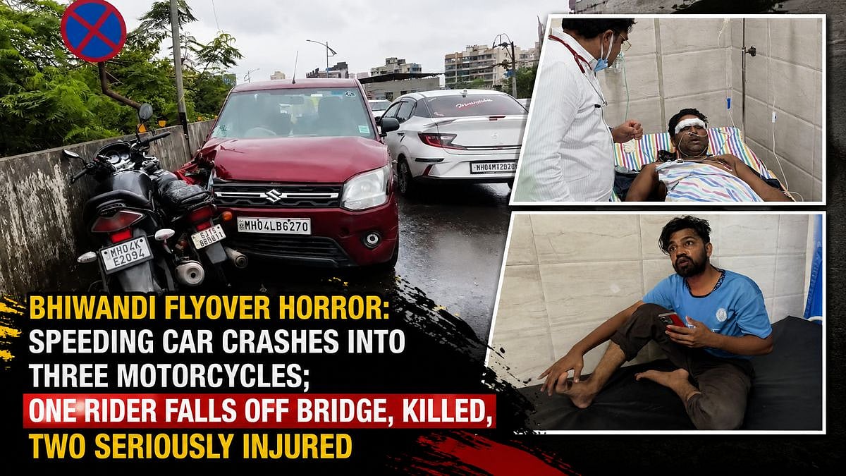 Bhiwandi Flyover Horror: Speeding Car Crashes Into 3 Motorcycles, Rider Falls Off Bridge And Dies; 2 Seriously Injured | VIDEO