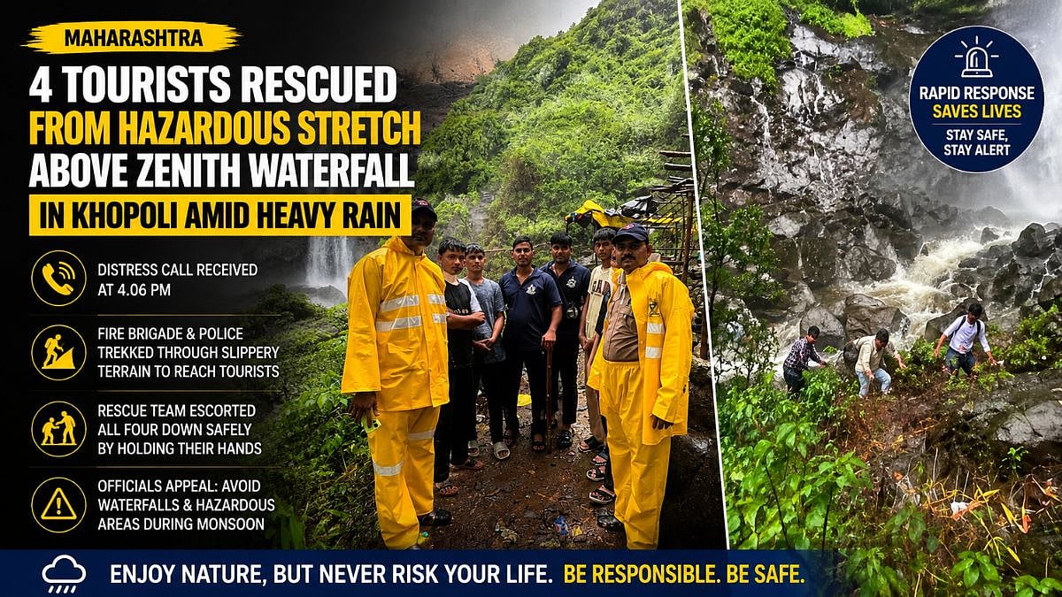 Maharashtra: 4 Tourists Rescued From Hazardous Stretch Above Zenith Waterfall In Khopoli Amid Heavy Rain | VIDEO