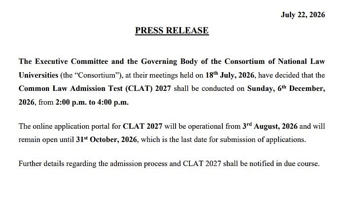 CLAT PG 2027 Exam Scheduled For December 6; Application Window Opens August 3