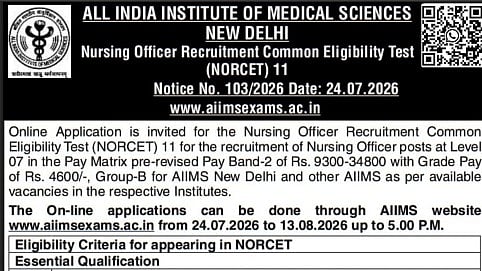 AIIMS NORCET 11 Recruitment 2026 Notification Out; Apply Online Till August 13 For Nursing Officer Posts