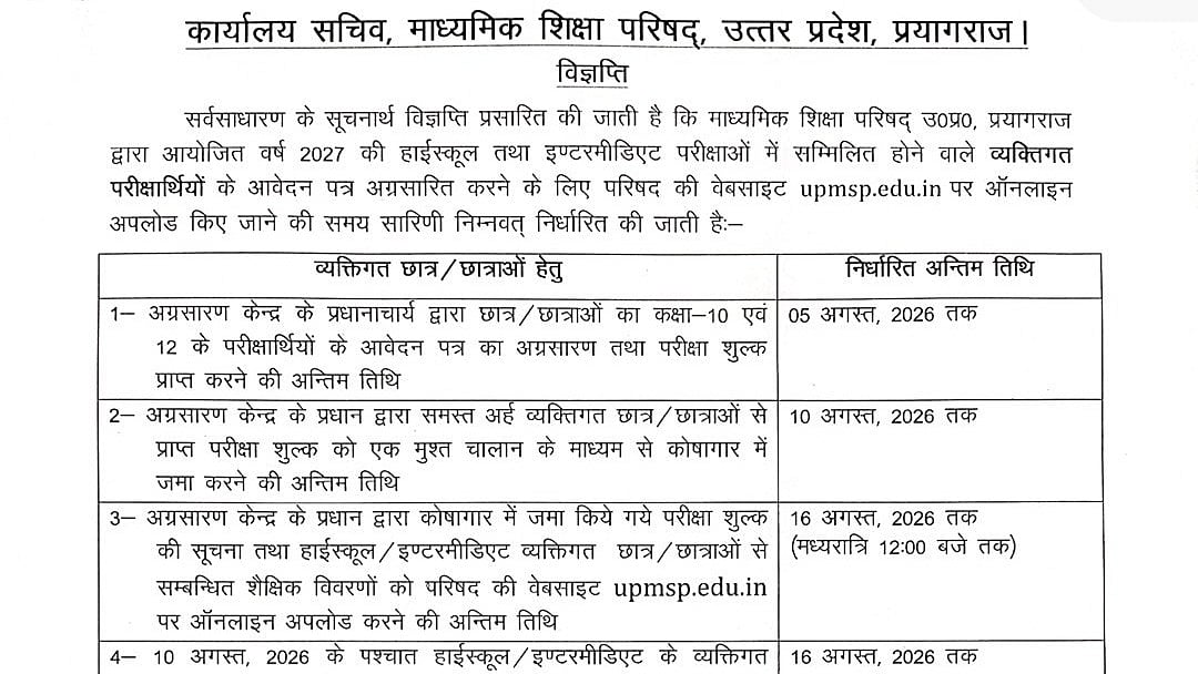 UP Board 2027 Exams: Individual Class 10, 12 Students Can Apply By August 5; Check Full Schedule Here