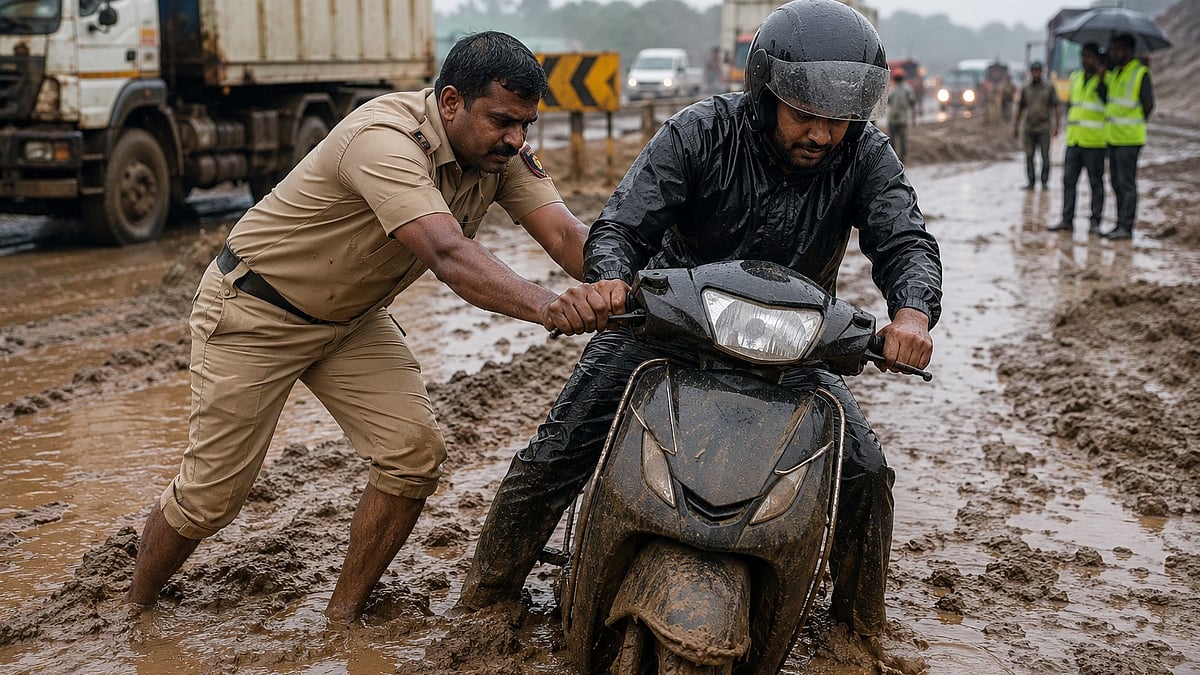 Nashik: Highway Police Officer Risks Life To Rescue Rider Trapped In Mud On Mumbai-Nashik Highway