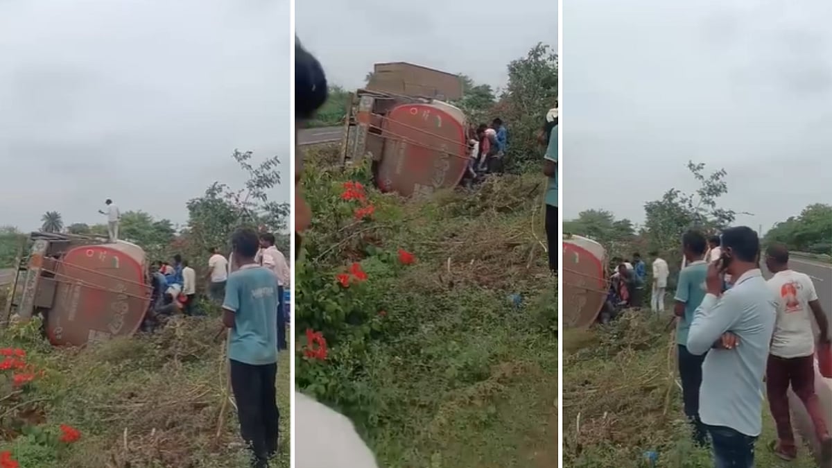 Diesel Tanker Overturns On NH-46 In Shivpuri; Villagers Rush To Collect Fuel In Bottles | VIDEO
