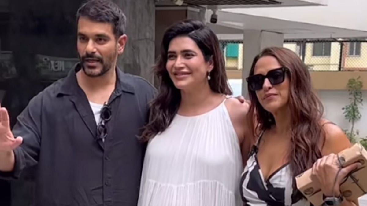 Karishma Tanna Playfully Asks Paps To Stop Zooming In On Her Baby Bump While Posing With Neha Dhupia, Angad Bedi