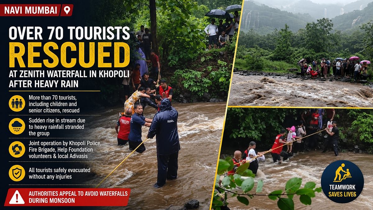 Navi Mumbai: Over 70 Tourists Rescued After Being Stranded At Khopoli's Zenith Waterfall Amid Heavy Rain | VIDEO