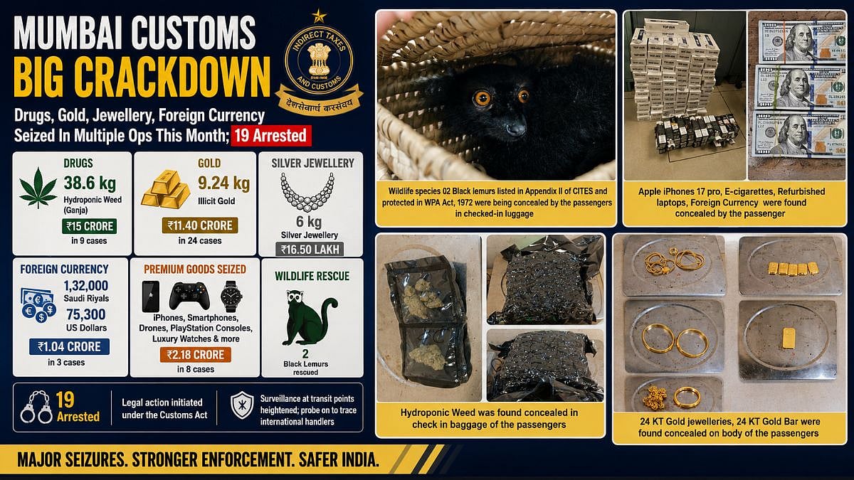 Mumbai Customs Seizes Drugs, Gold, Jewellery And Foreign Currency In July Crackdown; 19 Arrested