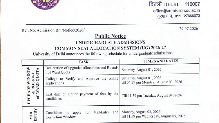 DU CSAS UG Admission 2026: Third Round On August 8, Mid-Entry Window Opens August 3; Check Full Schedule Here