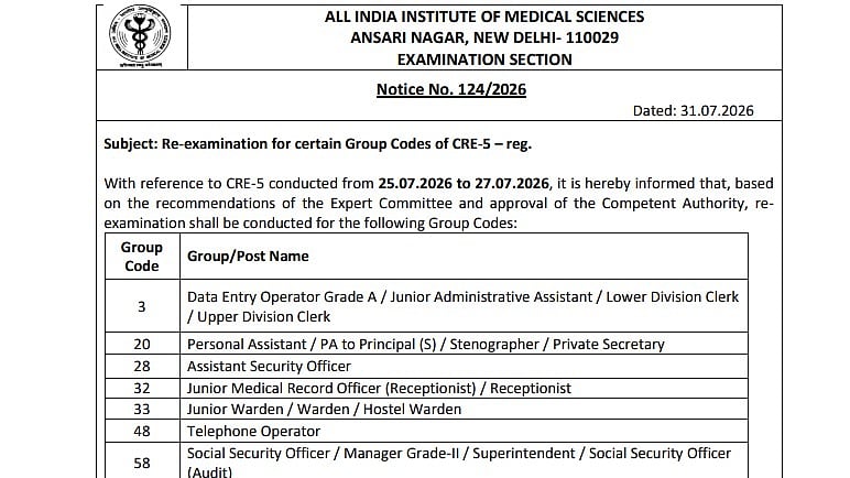 AIIMS CRE-5 Re-Exam 2026 Announced For 7 Group Codes; Check Details Here