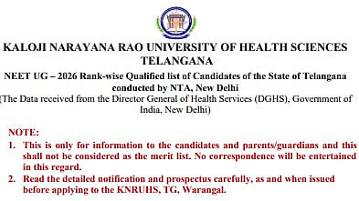 Telangana NEET UG Merit List 2026 Released At knruhs.telangana.gov.in; 38,021 Candidates Included In State Rank List