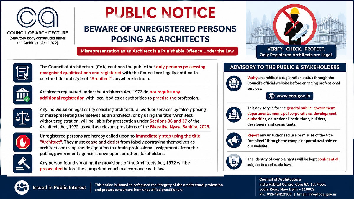 Council Of Architecture Warns Against Unregistered Individuals Misusing ‘Architect’ Title, Issues Public Advisory