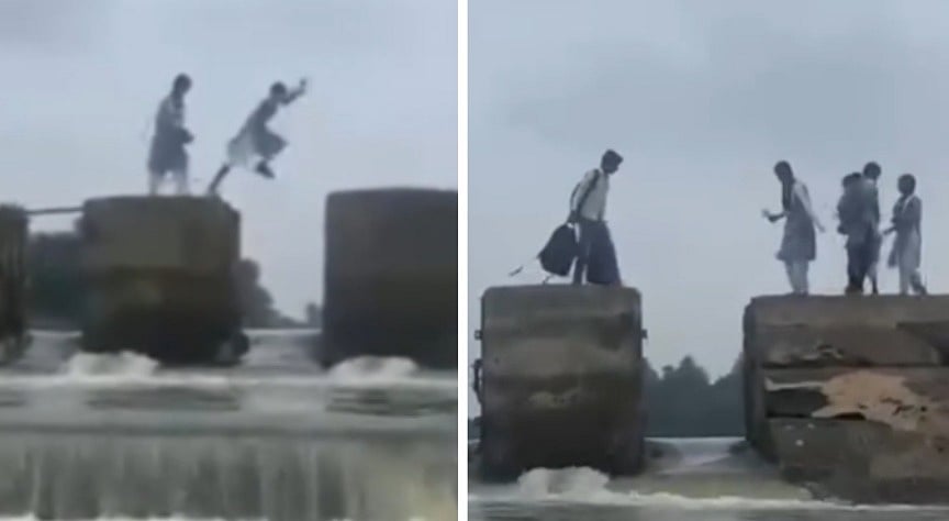 VIDEO Shows Students Dangerously Skipping Pillars To Cross River & Reach School In MP's Vidisha
