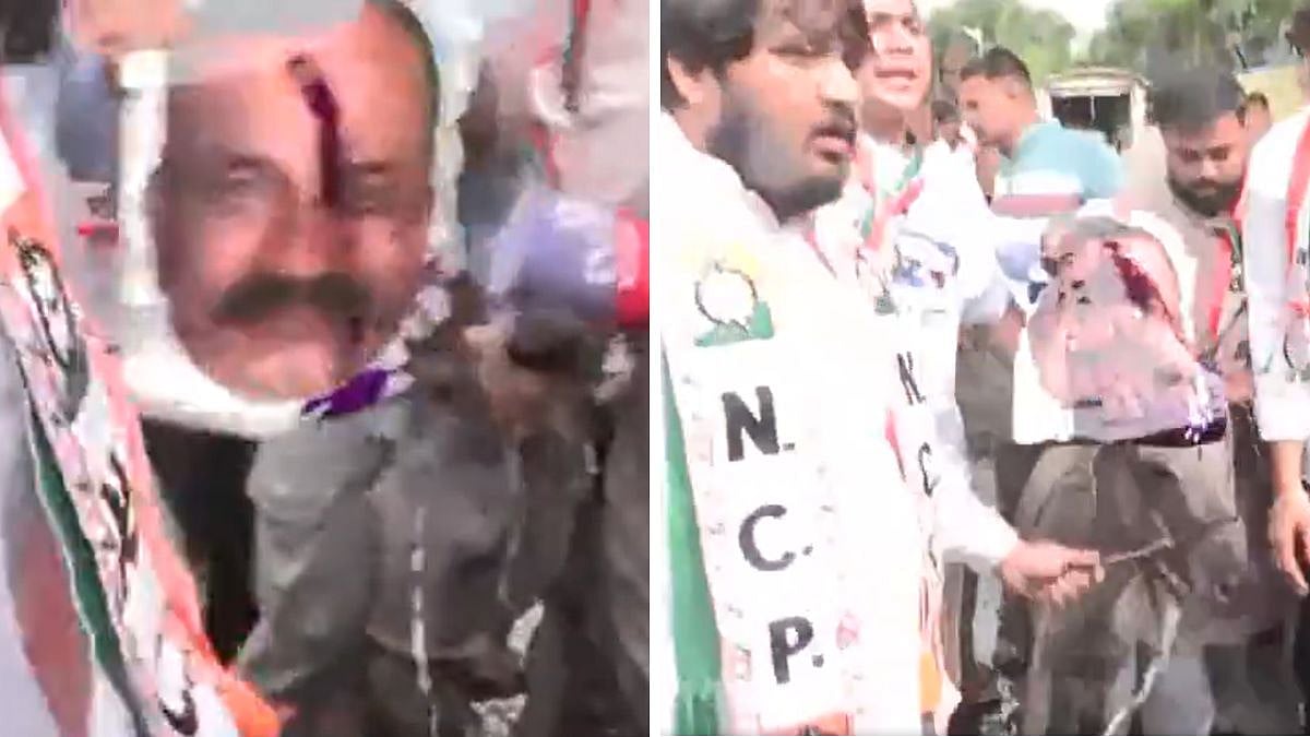 WATCH: NCP Workers Throw Ink On Harshwardhan Sapkal's Photo While Protesting Over 'Gungi Gudiya' Remark At Tilak Bhavan In Dadar