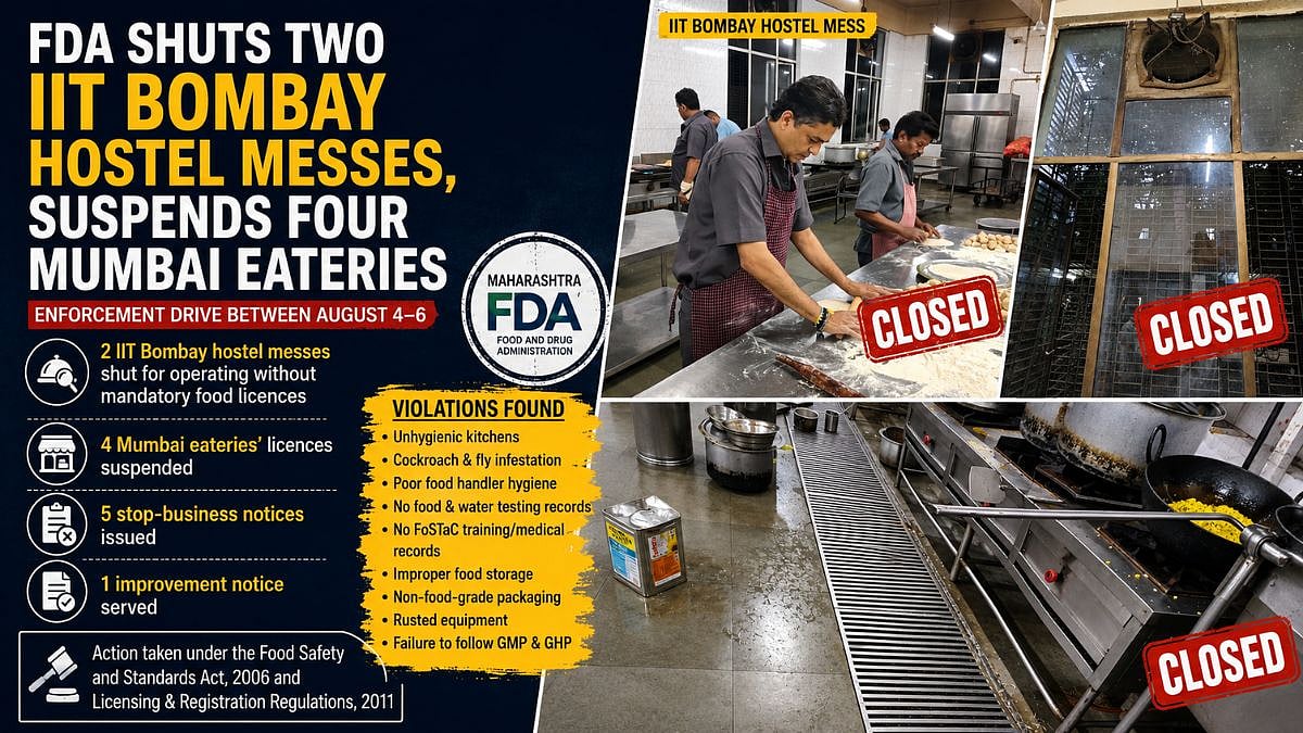Mumbai: FDA Shuts 2 IIT Bombay Hostel Messes, Suspends 4 Eateries Over Food Safety Violations