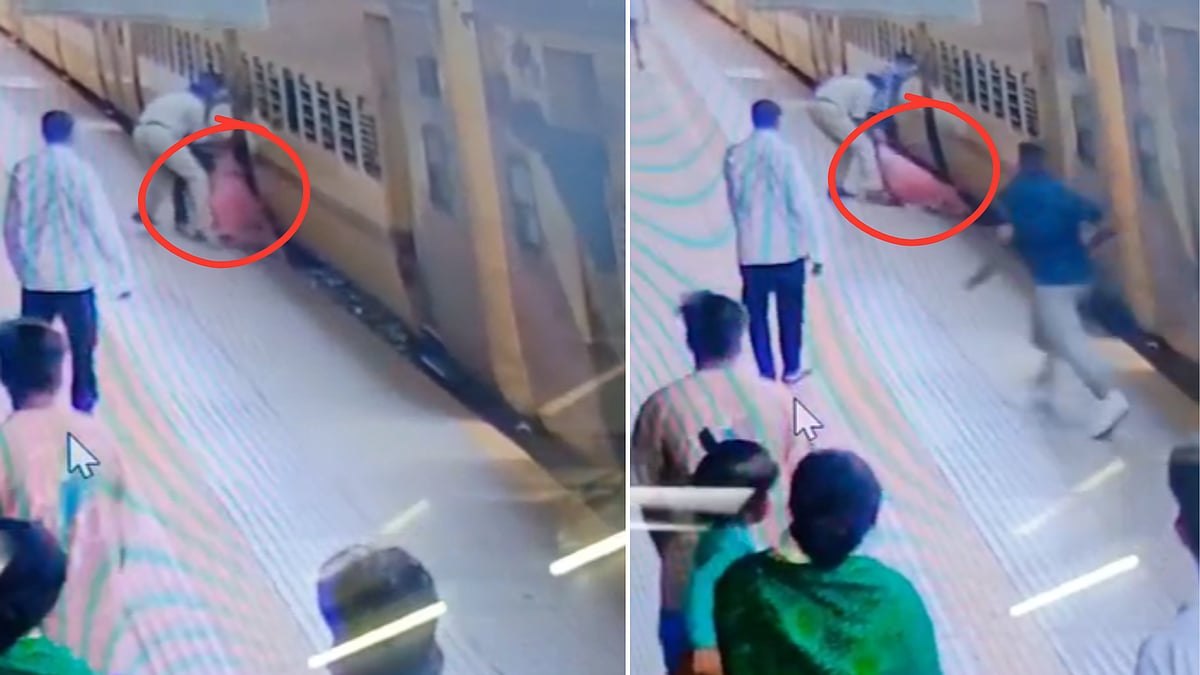 Woman Slips Between Train And Platform At Shivpuri Station; ASI Pulls Her To Safety | VIDEO
