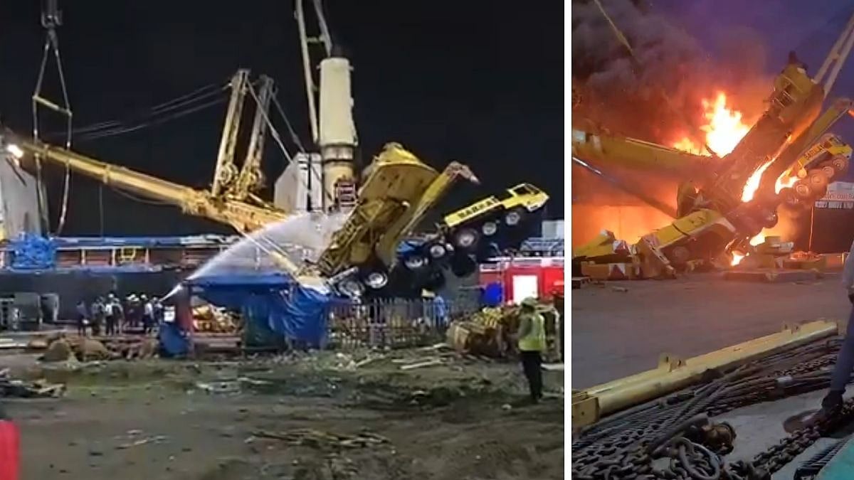 Horrific Video: Massive Crane Turns Over Onto Ship, Bursts Into Flames Near Mumbai Cruise Terminal; Operator Injured
