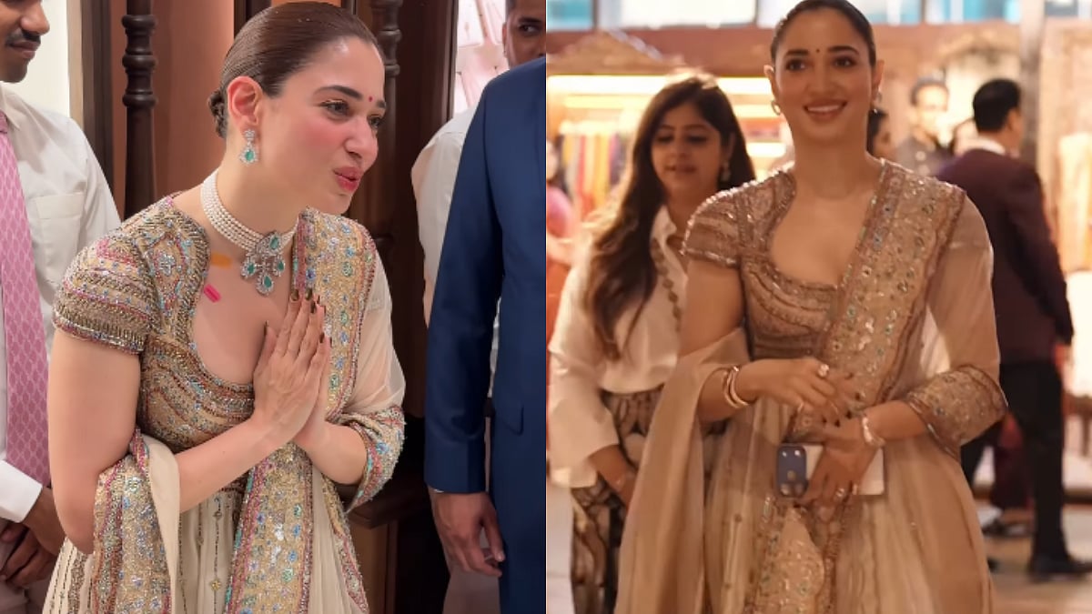 Tamannaah Bhatia Serves Regal Desi Glam In Embellished Beige-Gold Anarkali With Statement Necklace At Hyderabad Event