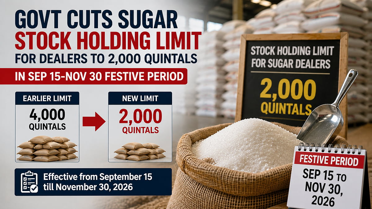 Govt Cuts Sugar Stock Holding Limit To 2,000 Quintals For Dealers, New Cap To Apply During September 15-November 30 Festive Period