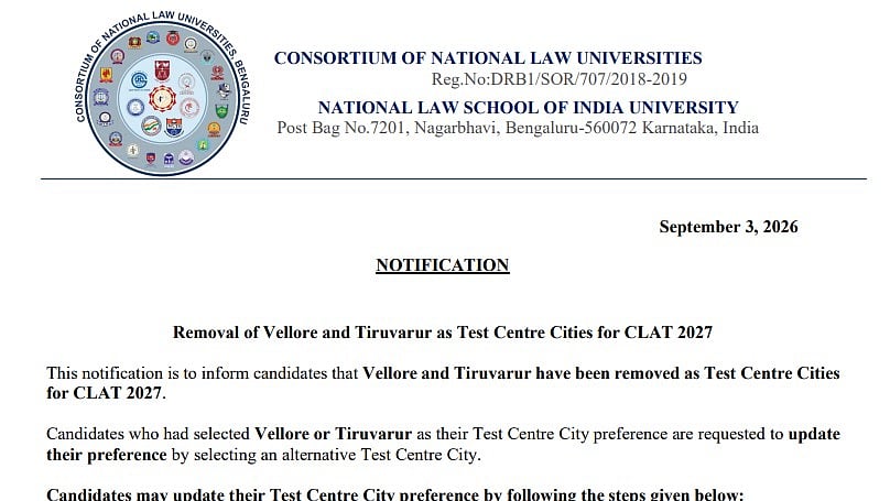 CLAT 2027: Vellore, Tiruvarur Removed As Test Centre Cities; Candidates Asked To Update Preference By October 31