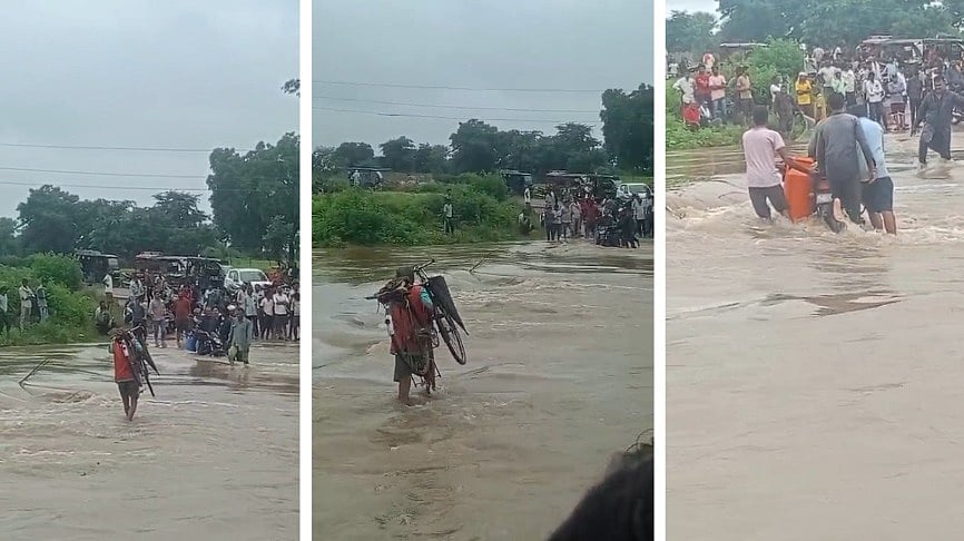 Risky Move! Locals Charge ₹50 To Help Commuters Cross Overflowing Urmil River Amid Heavy Rain In MP's Chhatarpur