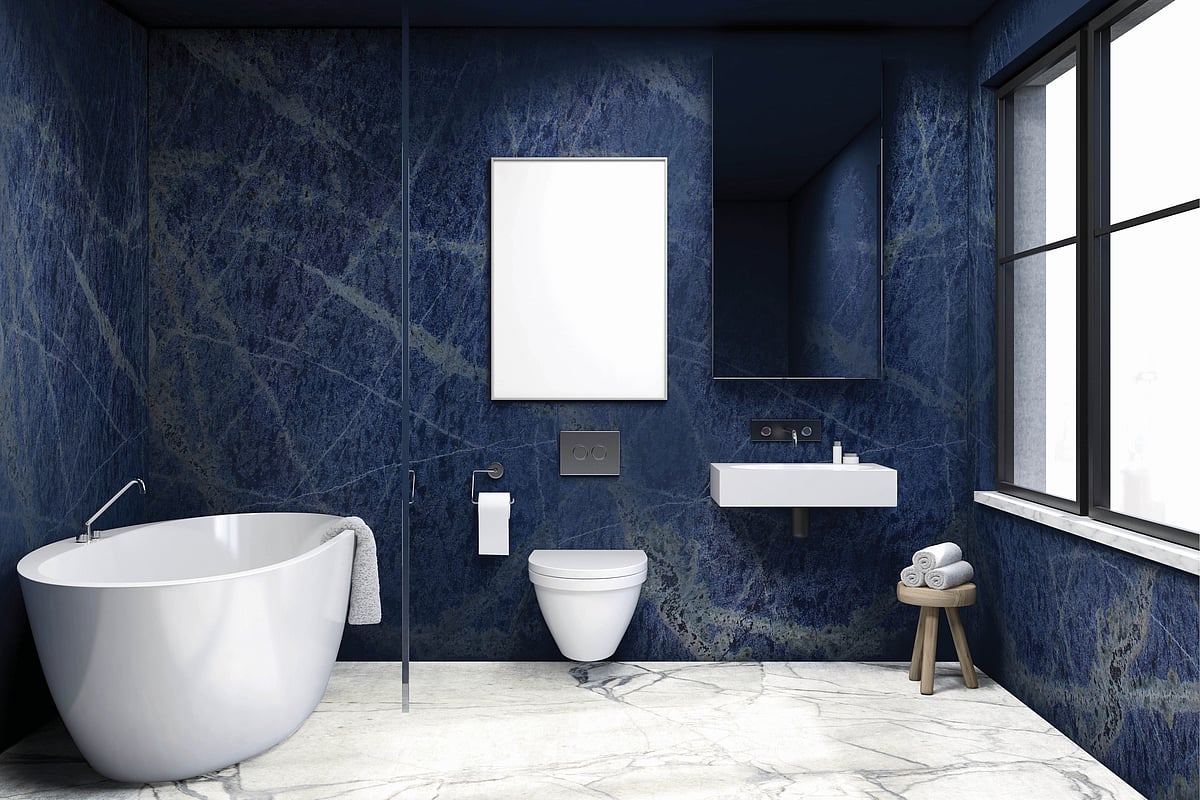 Bathroom walls in Sodalite marble, part of A-Class Marble's Exotica collection 