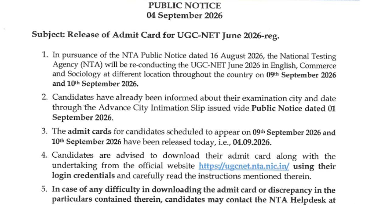 UGC-NET June 2026 Re-Exam: NTA Releases Admit Cards For September 9-10 Exams