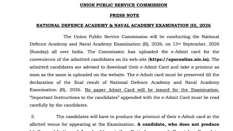 UPSC NDA, NA Exam (II) 2026: E-Admit Card Released At upsconline.nic.in, Exam On September 13