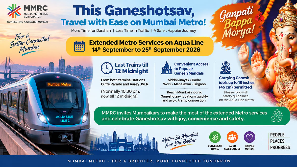 Mumbai Metro Line 3 To Run Till Midnight During Ganeshotsav From September 14 To 25 For Devotee Convenience