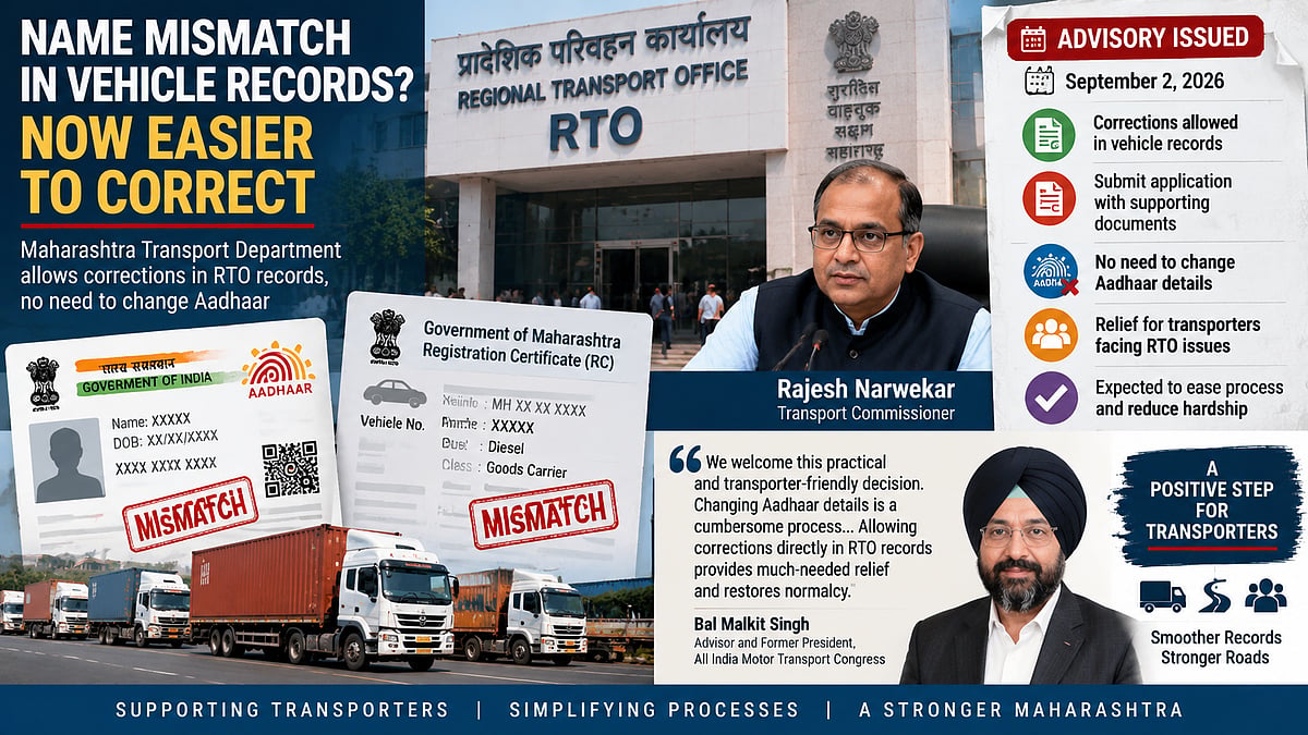 Maharashtra Allows Vehicle Record Corrections Over Aadhaar-RC Name Mismatch, Offers Relief To Transporters