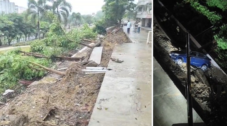 Portion Of Ground Outside Multi-Storey Residential Building Caves In Amid Heavy Rain In Bhopal; Parked Cars Sink | VIDEO 