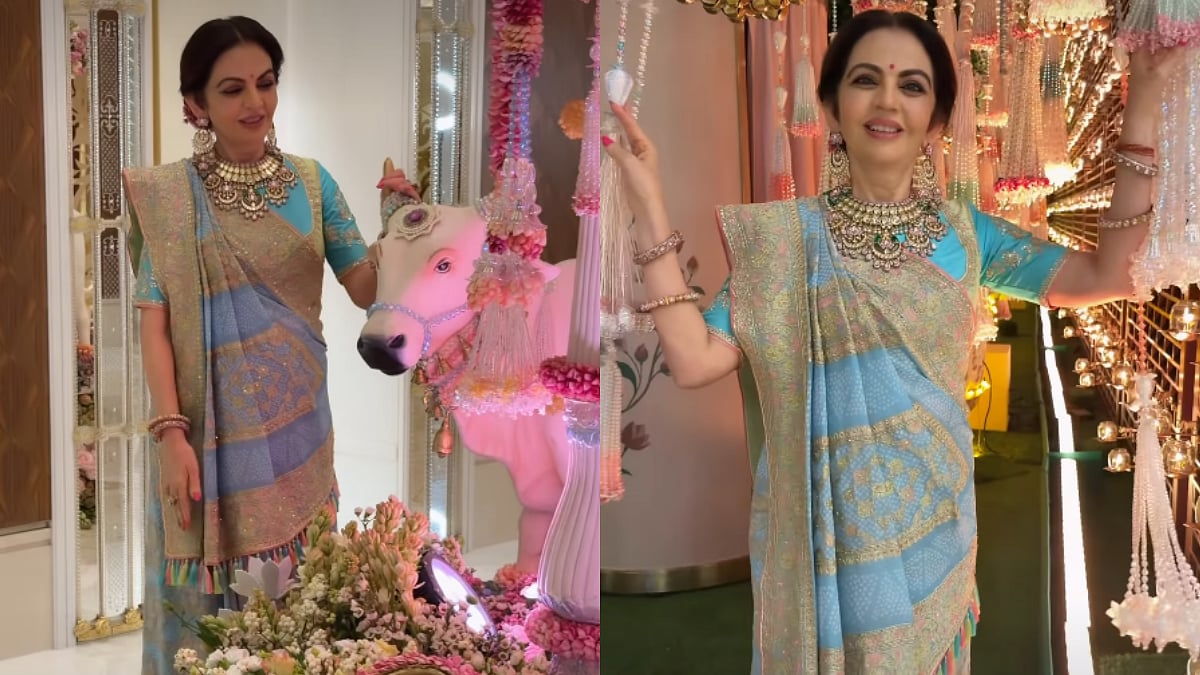 Nita Ambani’s Janmashtami Look Exudes Royalty In Aqua-Blue Bandhani Saree & Diamond Jewellery