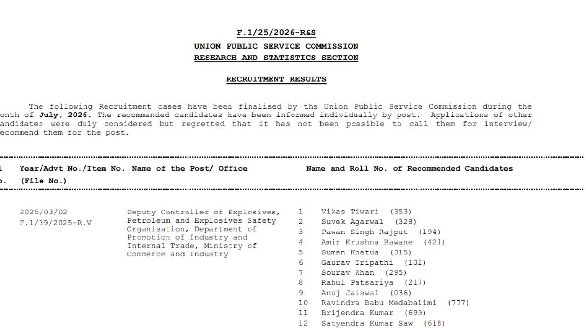 UPSC Recruitment Results July 2026 Announced At upsc.gov.in; Check Recommended Candidates 