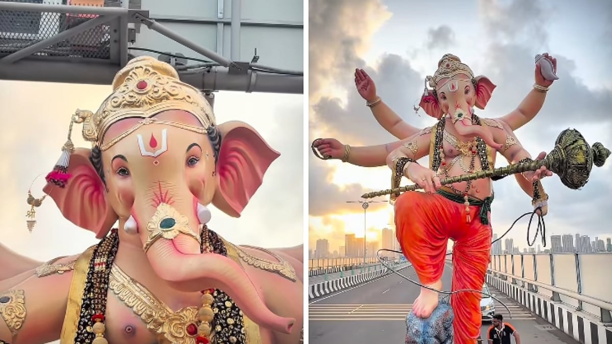 Ganpati On Atal Setu! Navi Mumbai's Kamothyacha Vighnaharta Ganesh Idol Crosses Sea Bridge During Aagman; VIDEO