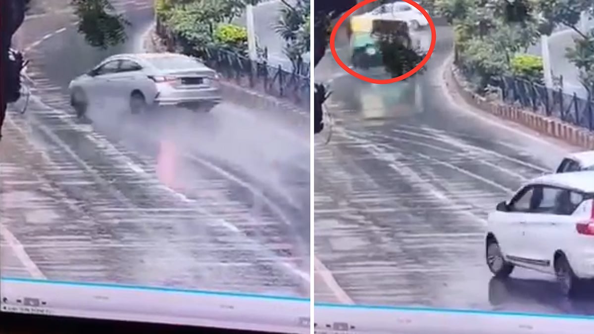 Speeding Car Hits Autorickshaw, Bike Outside Gwalior SP Office; 3 Injured, Driver Flees | VIDEO