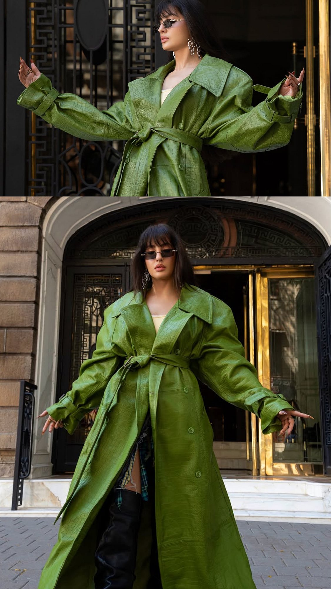 Nora Fatehi Turns Heads In Striking Green Coat, Leather Thigh-High Boots & Chic Shades