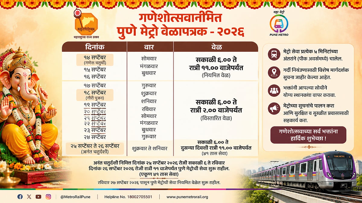 Pune: Metro To Run Till 2 am During Ganeshotsav; 41-Hour Nonstop Service Planned For Anant Chaturdashi