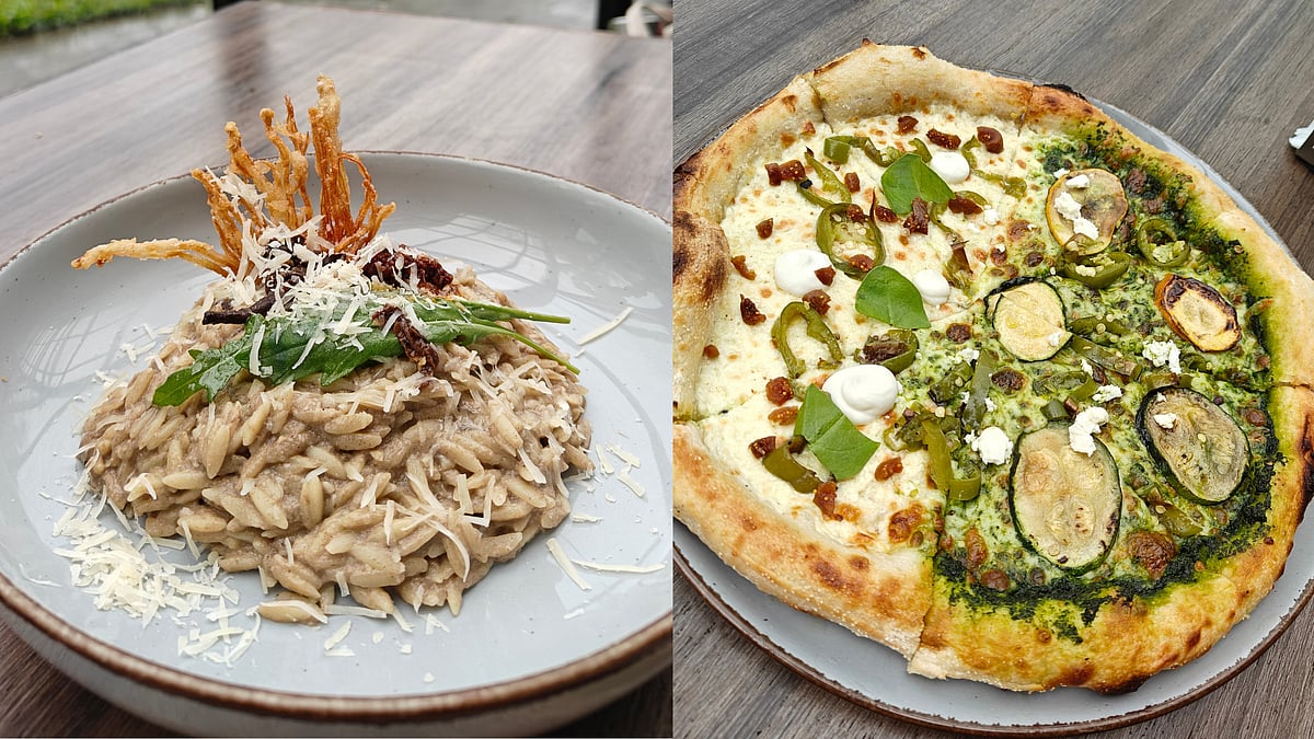 Mushroom Risotto and half and half pizza of Classic Margherita and Pesto Cottage Cheese
