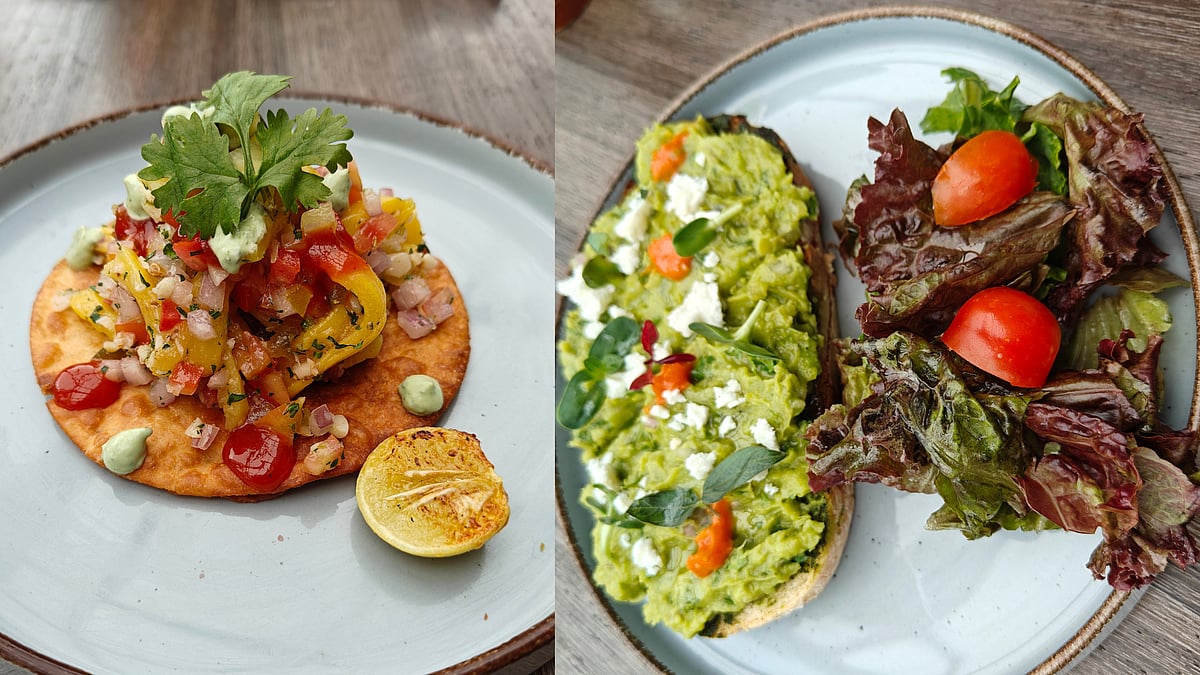 Jackfruit on a tostada shell, and Guacamole on Toast