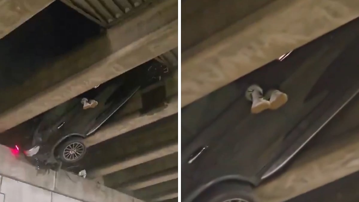 Atlanta Overpass Car Crash: Viral Video Shows Driver's Feet Dangling 20 Feet In Air As Vehicle Gets Stuck Between Concrete Beams On Highway