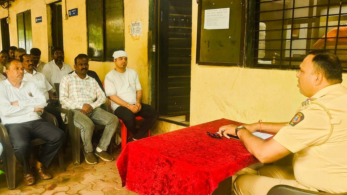 Senior Police Inspector Nitin Pagar briefs public Ganesh mandal organisers on CCTV, safety and security measures ahead of Ganeshotsav in Kolsewadi