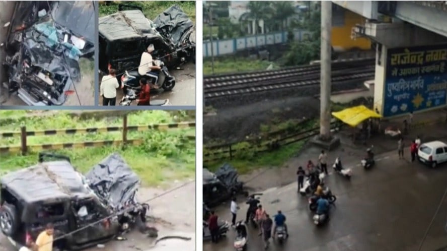 Indore Thar Accident: Four Injured After Speeding Vehicle Breaks Bridge Railing, Plunges 50 Feet | VIDEO