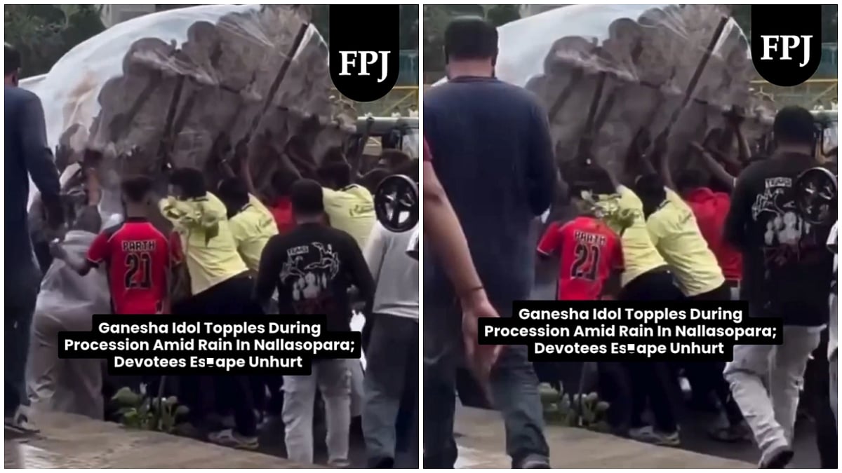 Nallasopara: Ganesha Idol Topples During Rain Cover Setup, 4-5 Devotees Escape Unhurt | VIDEO