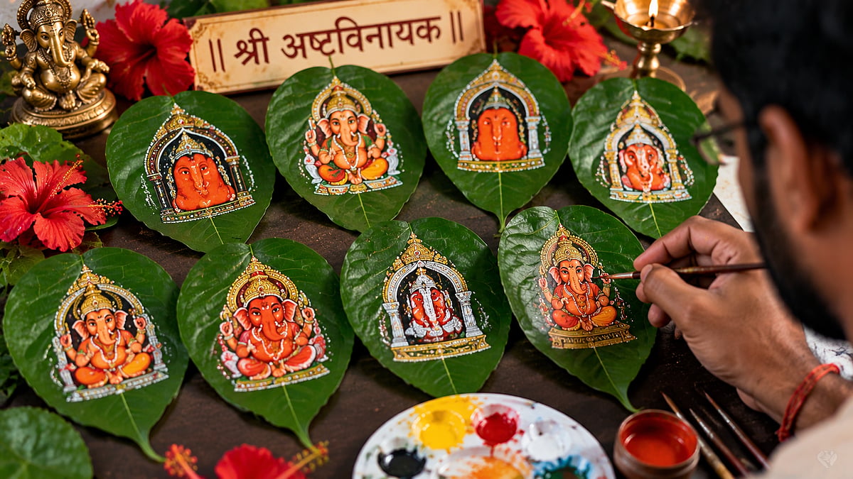 Vasai Artist Paints Ashtavinayak Ganesha Idols On Hibiscus Leaves In Unique Ganeshotsav Artwork
